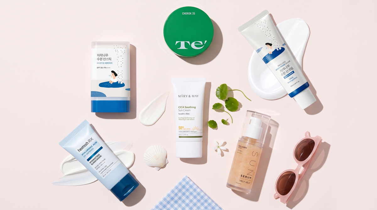 Korean sunscreens from Round Lab, Mary&May, Vely Vely, Te' and heimish on a pink backdrop