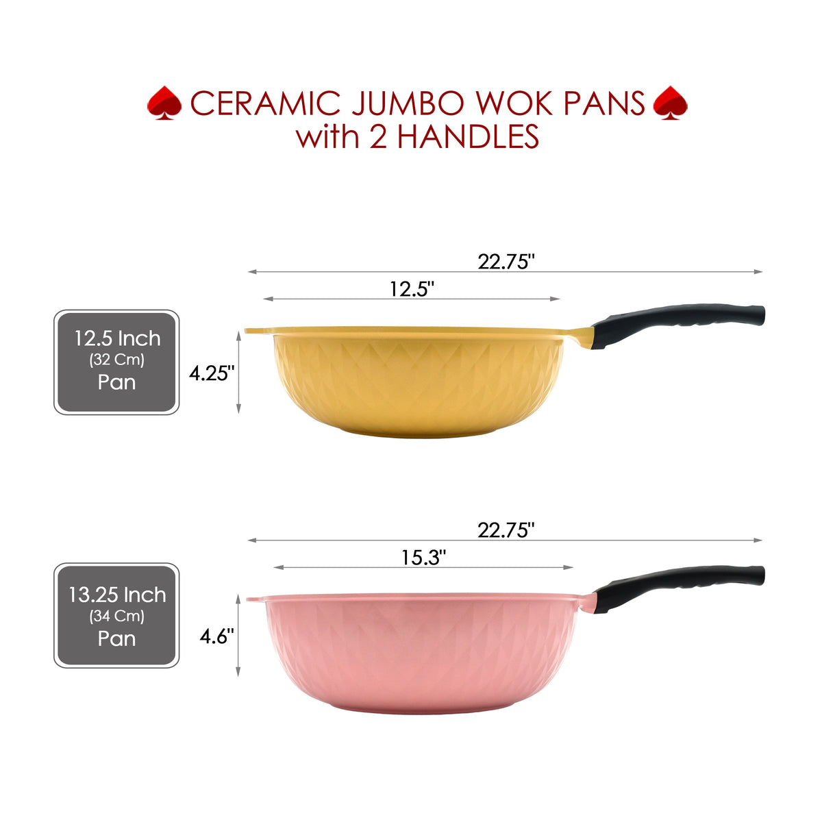 Size chart for the ACE COOK ceramic jumbo wok pans with two handles