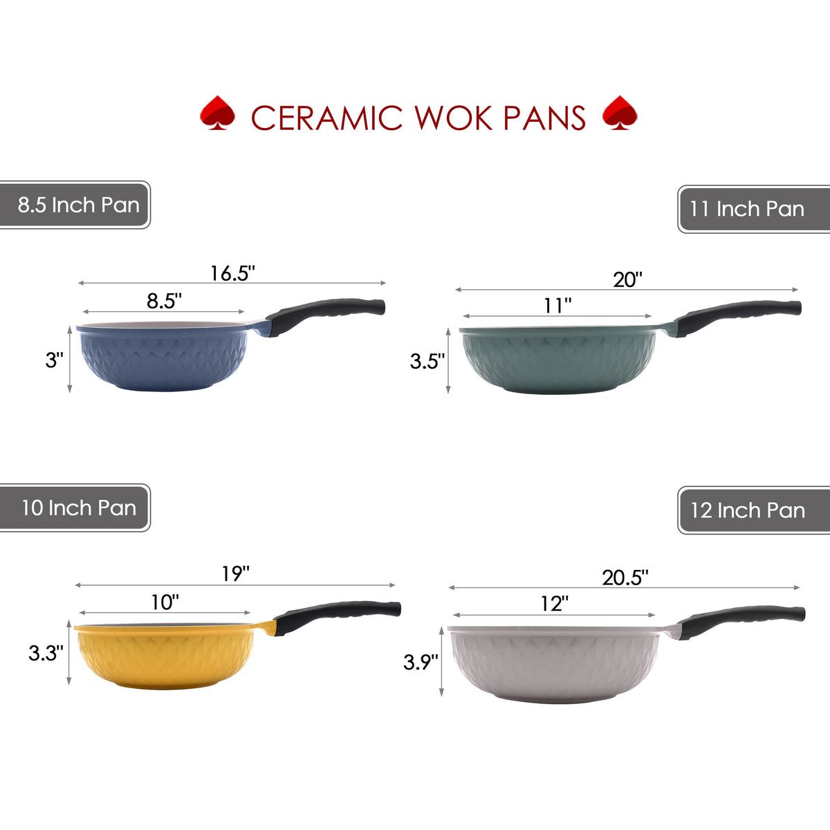 Size chart for the ACE COOK ceramic woks, 8.5 to 12 inch