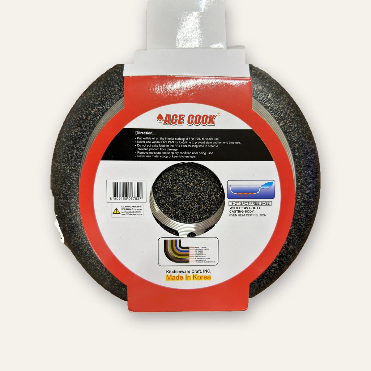 Back of the ACE COOK Supr. fry pan sleeve showing the cast base, care directions and coating layers