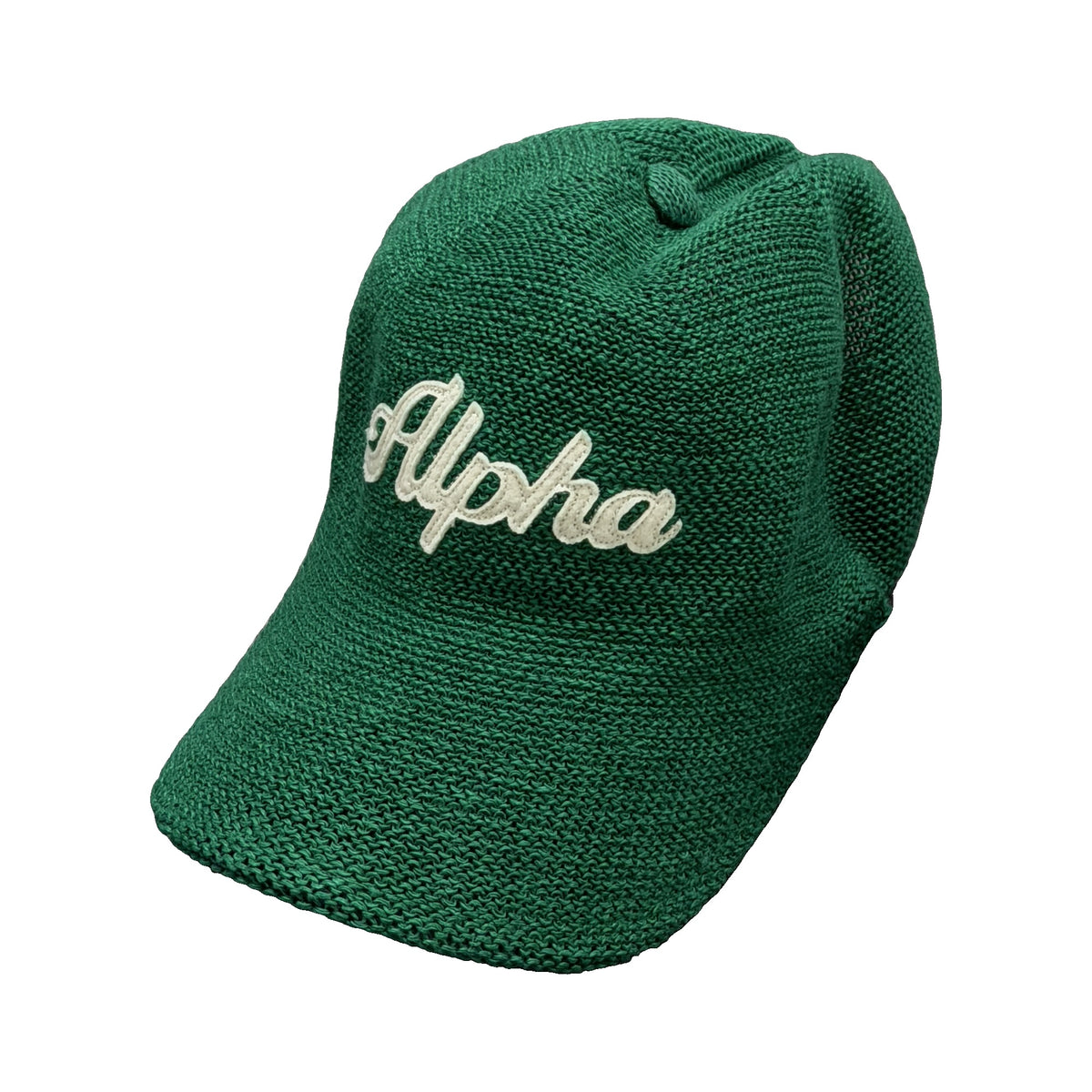 Alpha knit ball cap in green with ivory chenille script