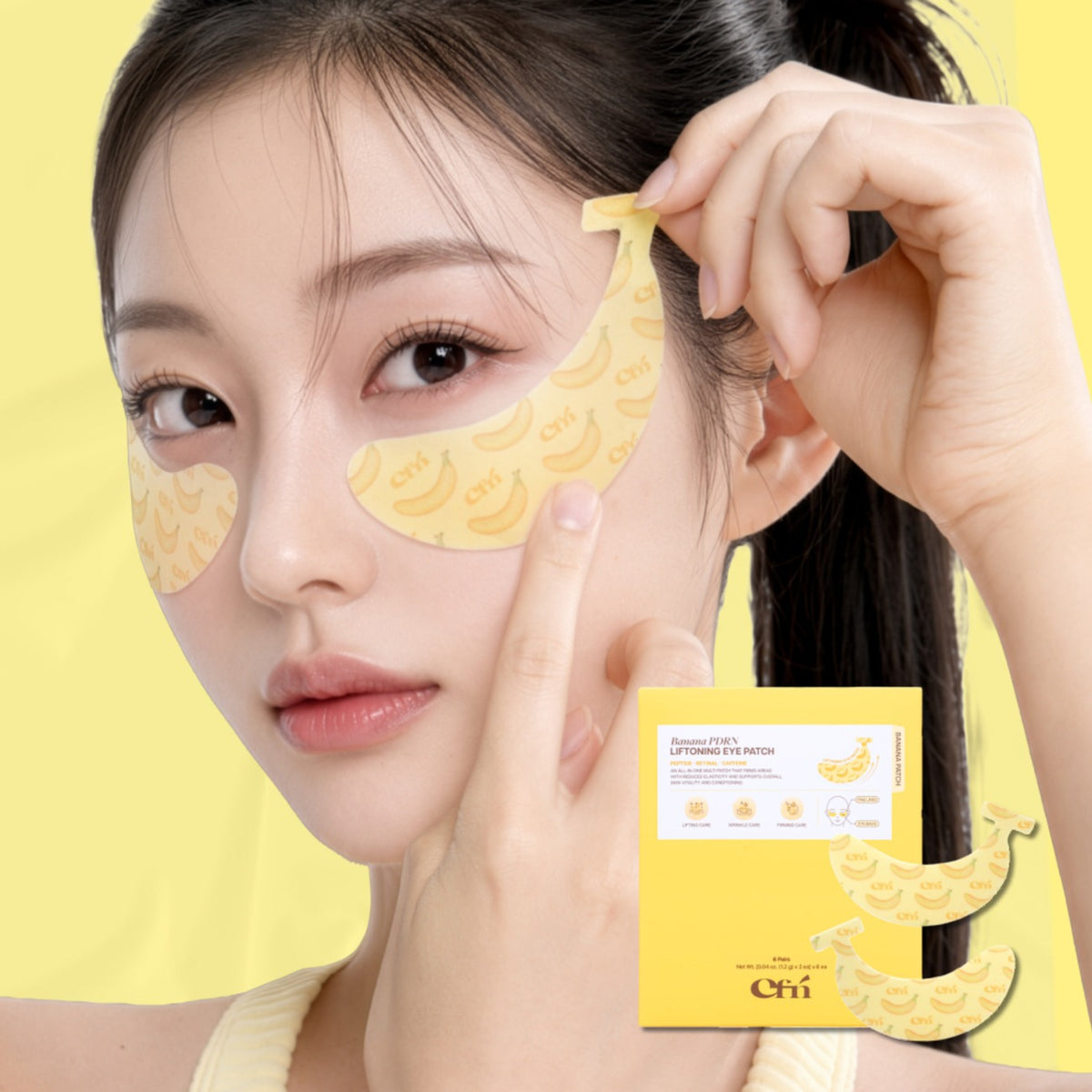Banana-shaped under-eye patch applied under the eye