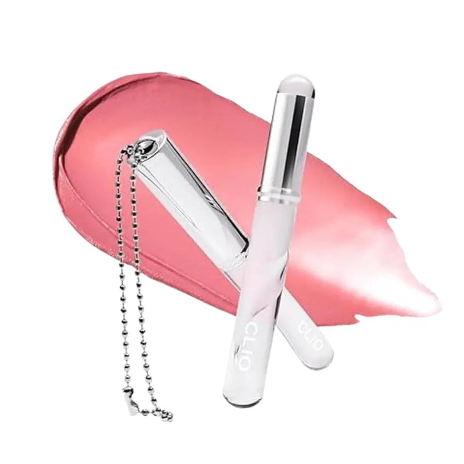 CLIO Baby TapTap Lip Brush open, beside a lip cream swatch