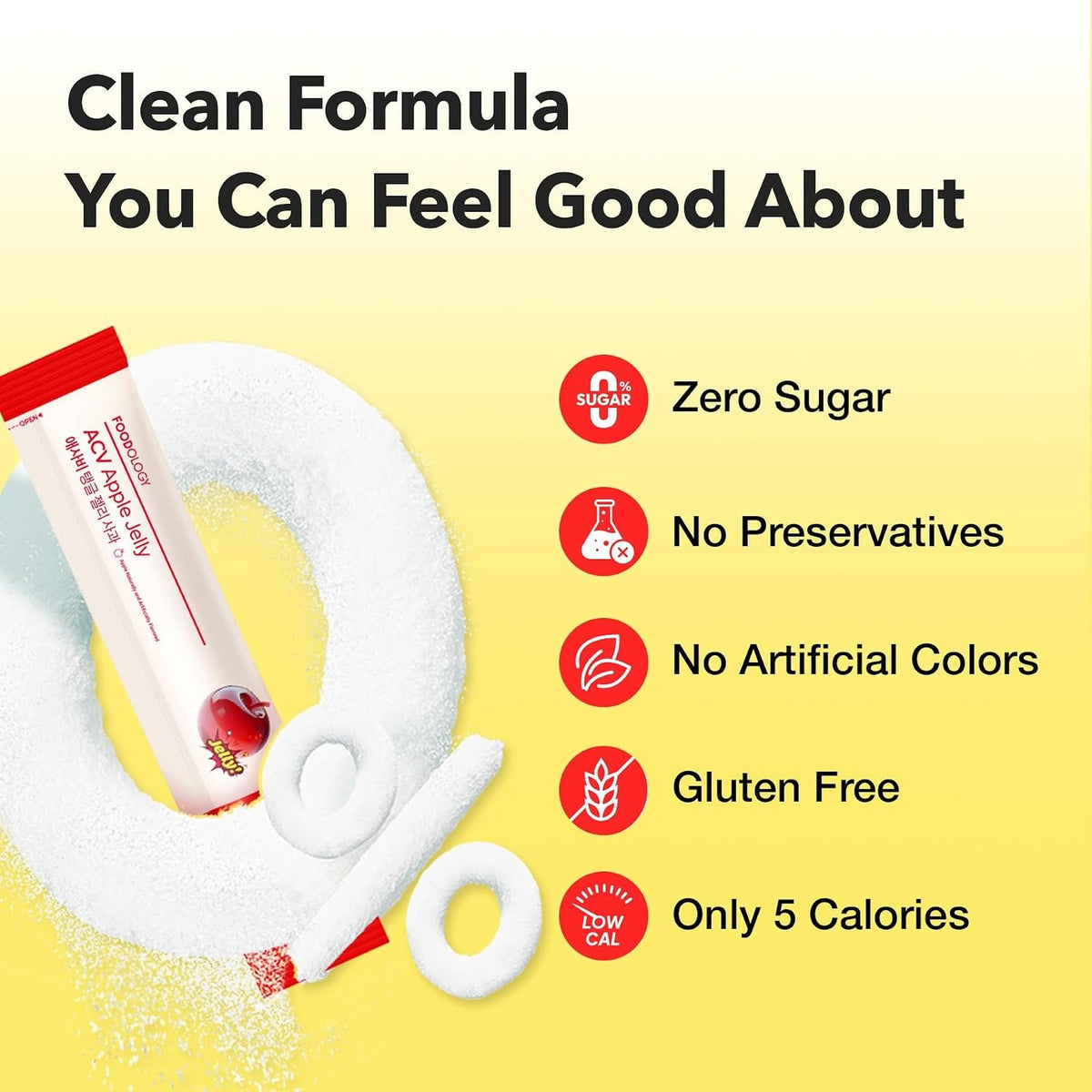 ACV Apple Jelly formula: zero sugar, no preservatives, no artificial colors, gluten free, 5 calories