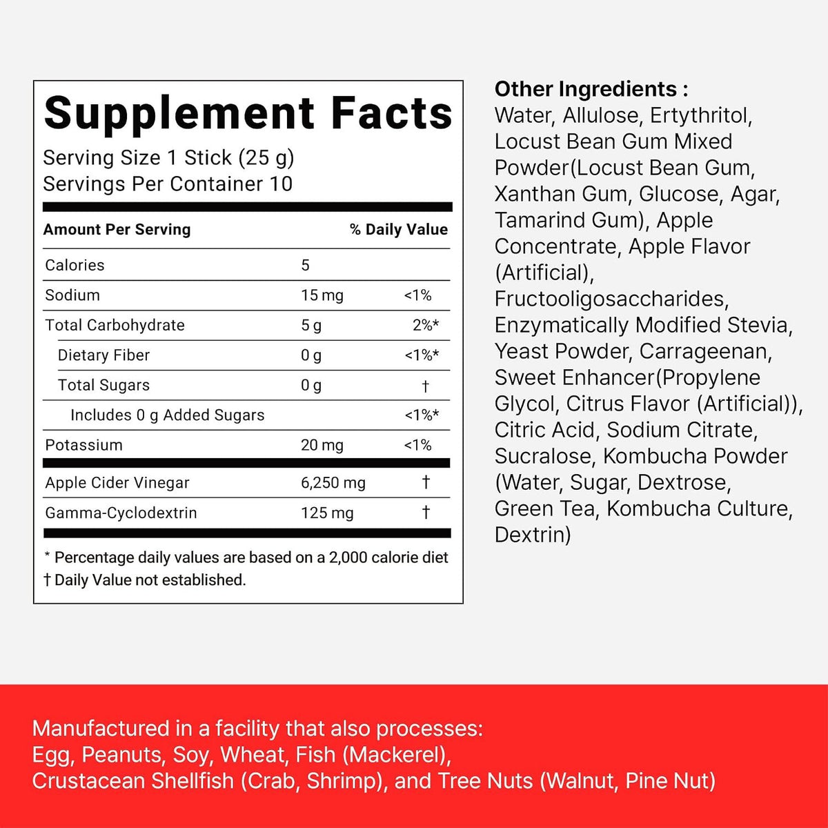 ACV Apple Jelly Supplement Facts panel, ingredients and allergen statement