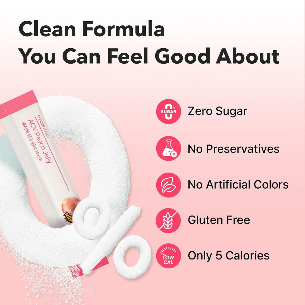ACV Peach Jelly formula: zero sugar, no preservatives, no artificial colors, gluten free, 5 calories