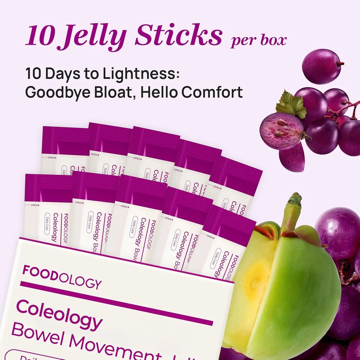 FOODOLOGY Coleology Bowel Movement Jelly open box with ten purple jelly sticks