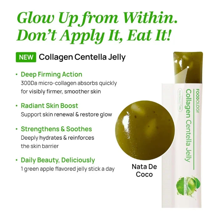 Opened FOODOLOGY Collagen Centella Jelly stick with a close-up of the jelly texture