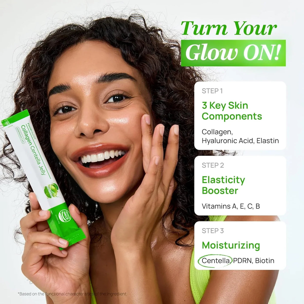 FOODOLOGY Collagen Centella Jelly product information graphic beside a person holding a stick