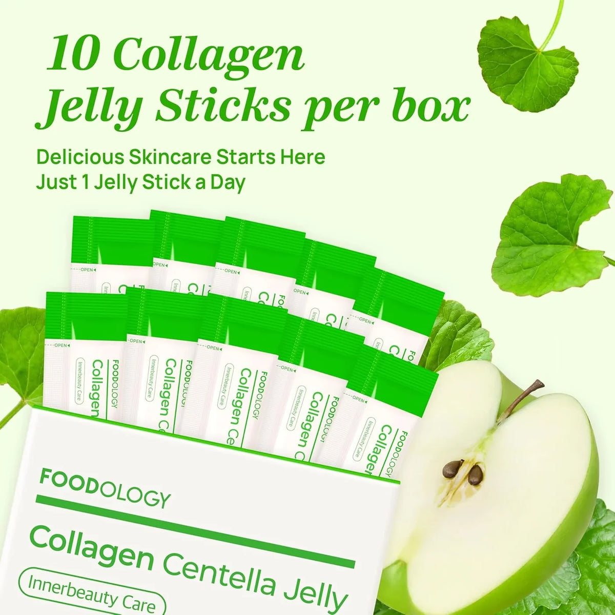 FOODOLOGY Collagen Centella Jelly open box with ten individually packed green sticks