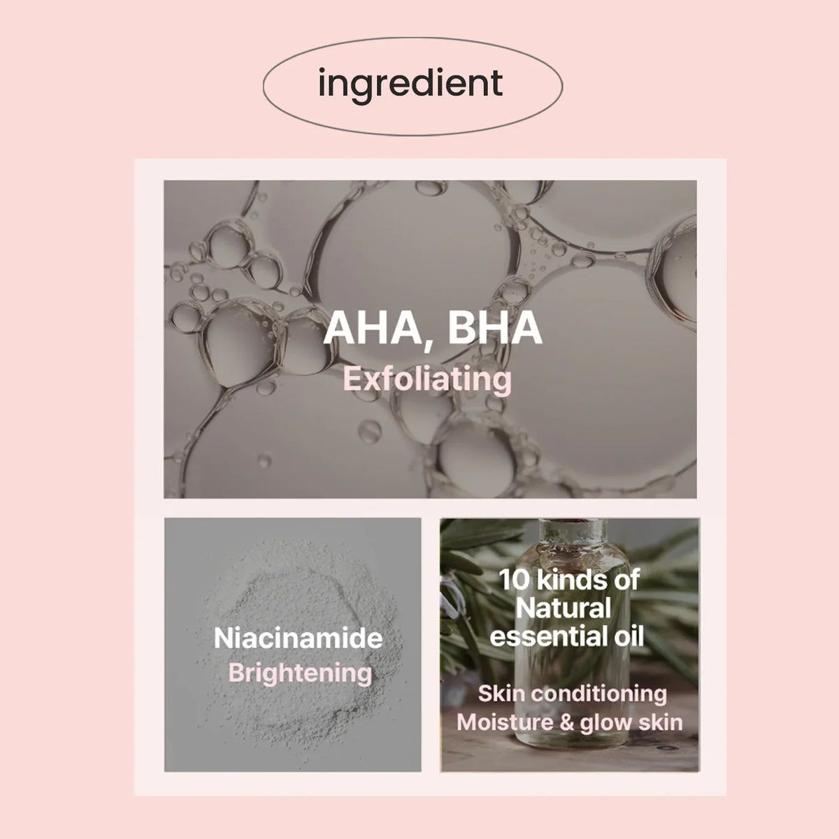 heimish All Clean Gel Cleanser ingredient guide showing AHA, BHA and niacinamide