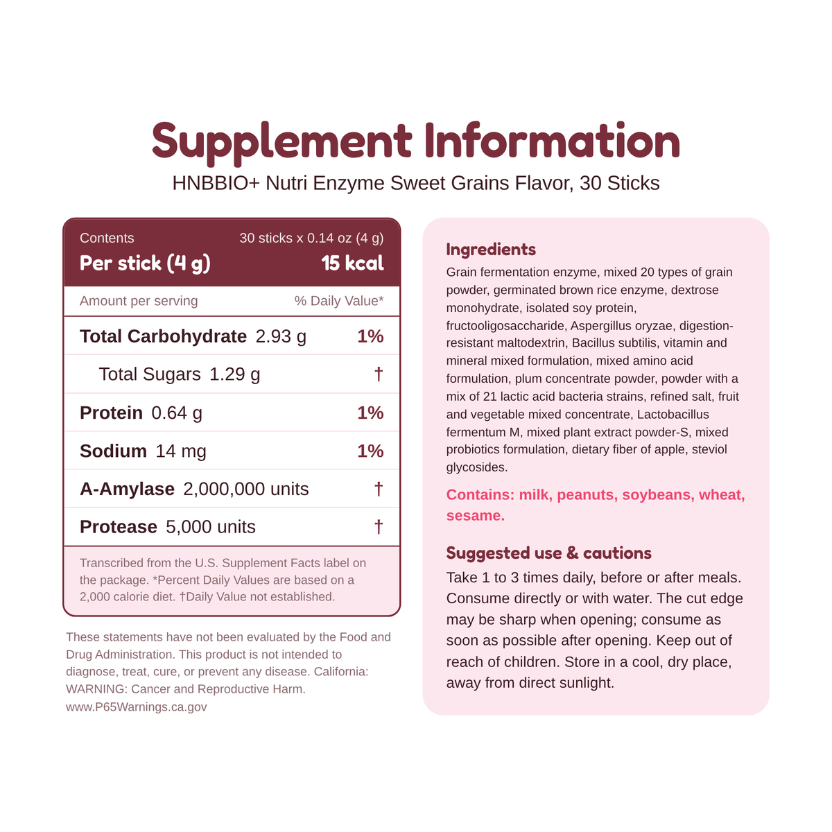 HNBBIO+ Nutri Enzyme Sweet Grains Flavor 30 sticks supplement information, ingredients and suggested use, per 4 g stick