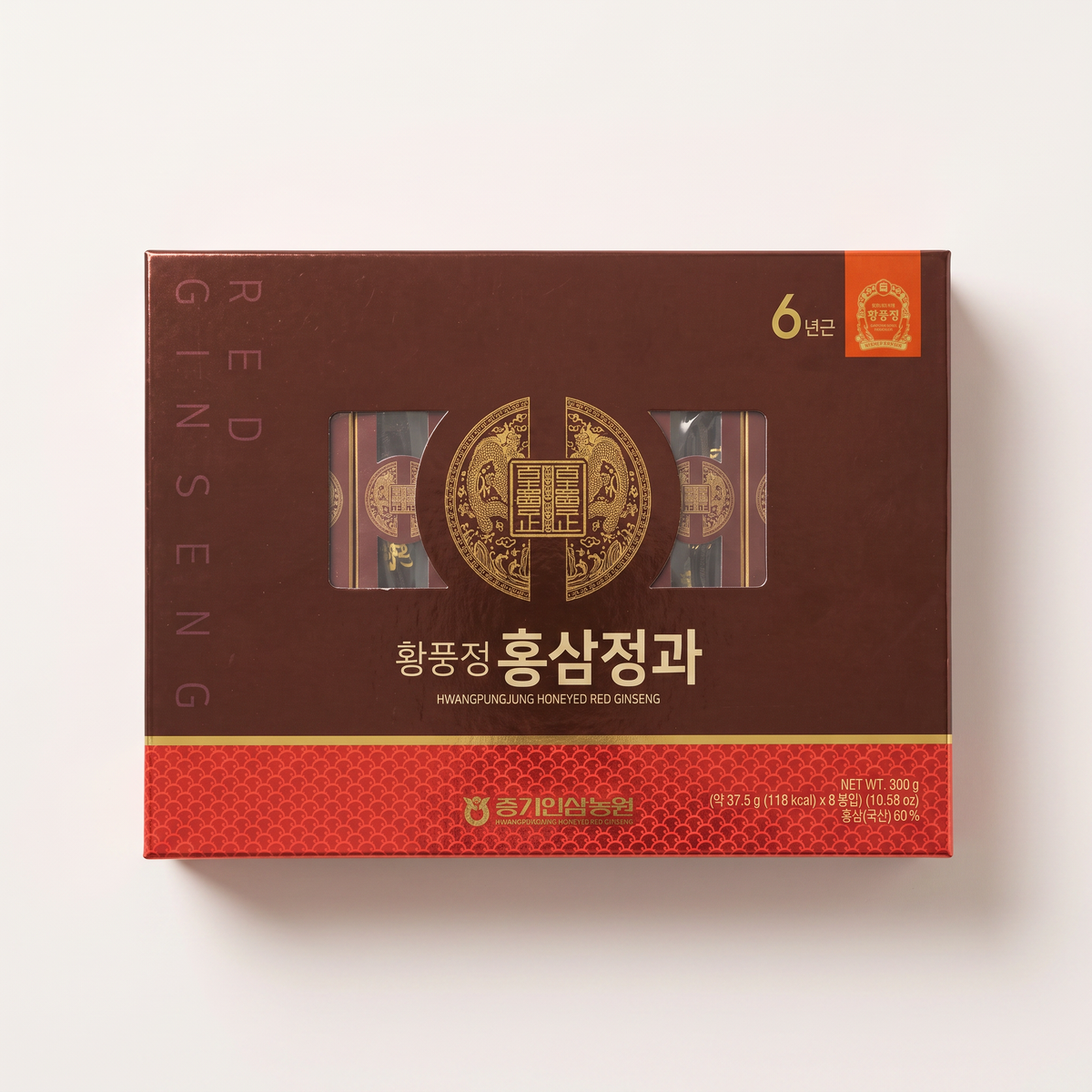Hwangpungjung Honeyed Red Ginseng gift box with a window showing the candied roots