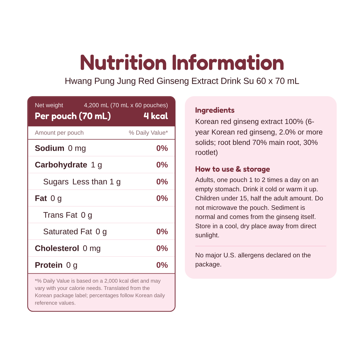 Hwang Pung Jung Red Ginseng Extract Drink Su 60 x 70 mL nutrition information and ingredients, per 70 mL pouch