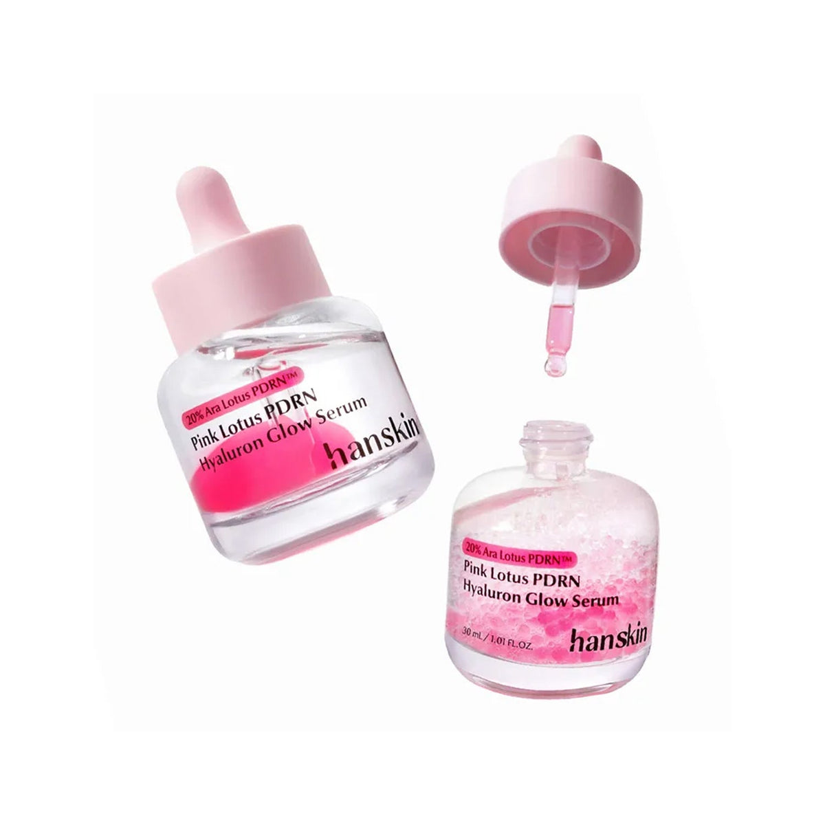 Hanskin Pink Lotus PDRN Hyaluron Glow Serum 1.01 fl oz (30 ml) — pink serum dropper bottles