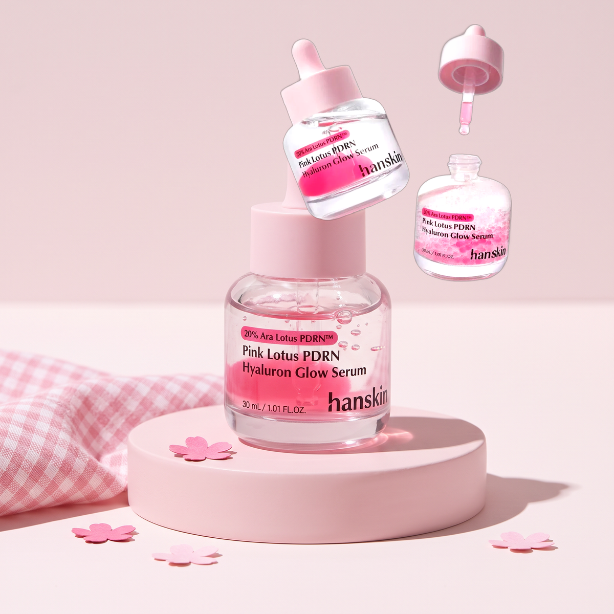 Hanskin Pink Lotus PDRN Hyaluron Glow Serum 1.01 fl oz (30 ml), styled key visual