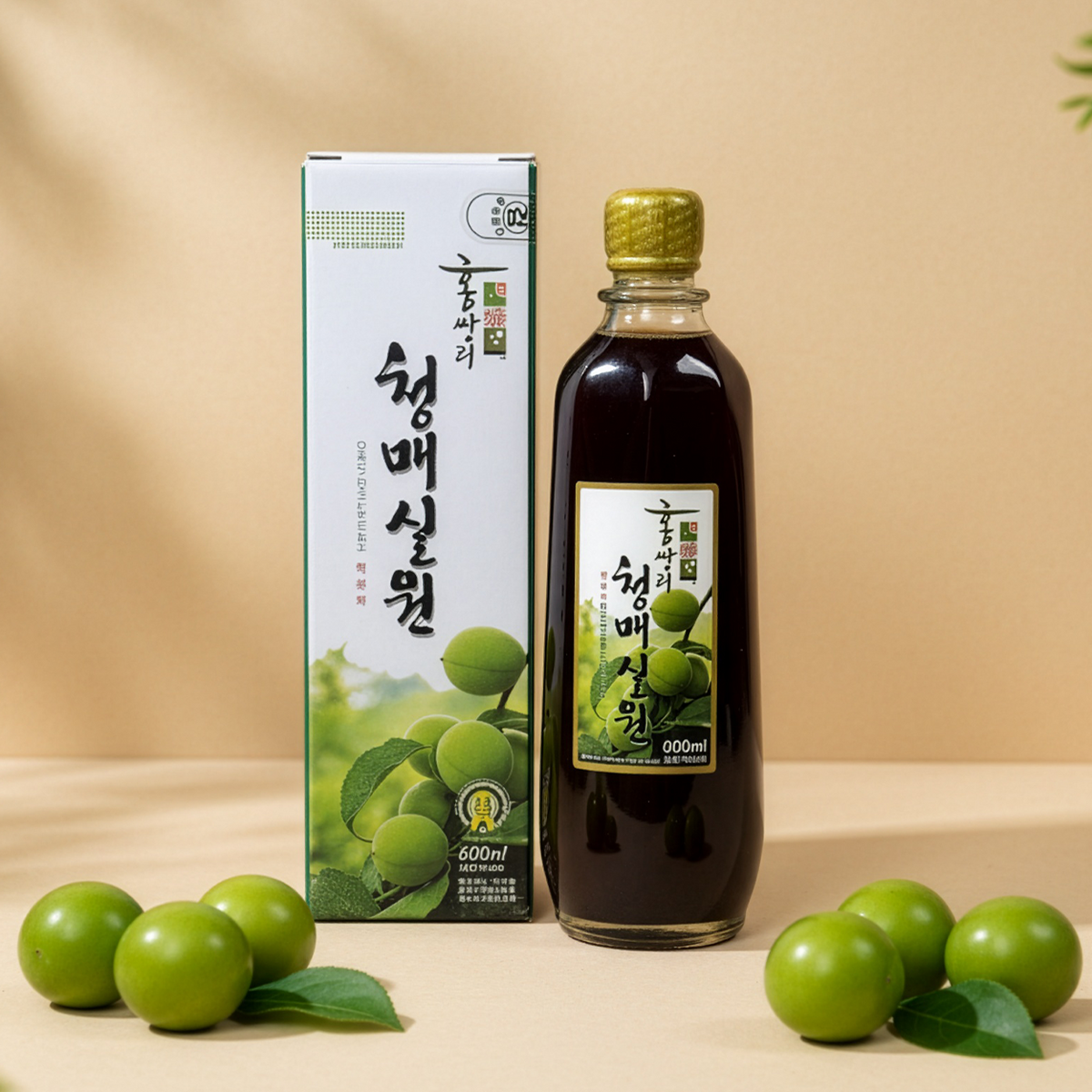 Hongssangri Cheongmaesilwon Korean Green Plum Concentrate 20.3 fl oz (600 ml) — plum concentrate bottle, carton and green plum props