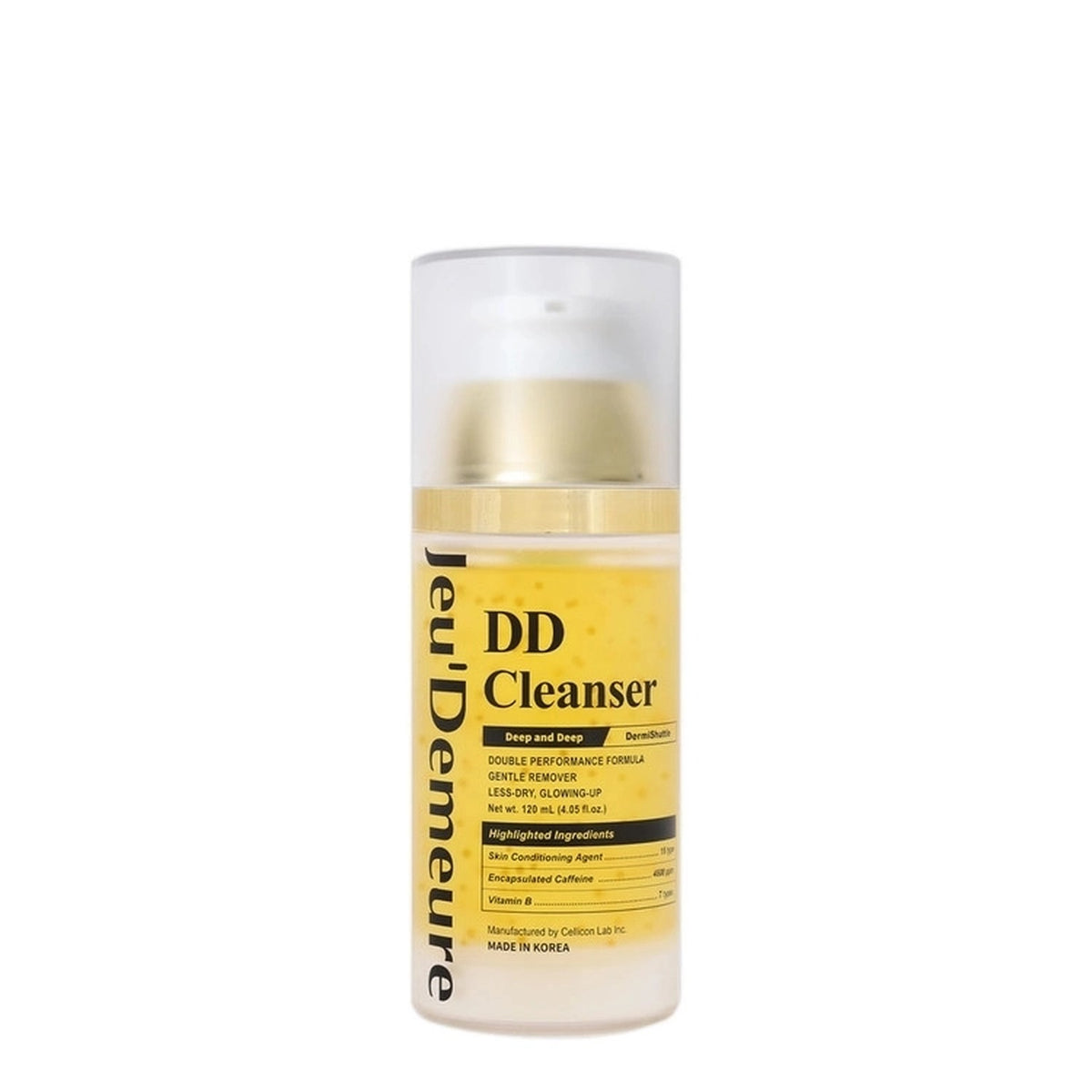 Jeu'Demeure DermiShuttle DD Cleanser 120 ml airless pump bottle with yellow gel and visible capsules