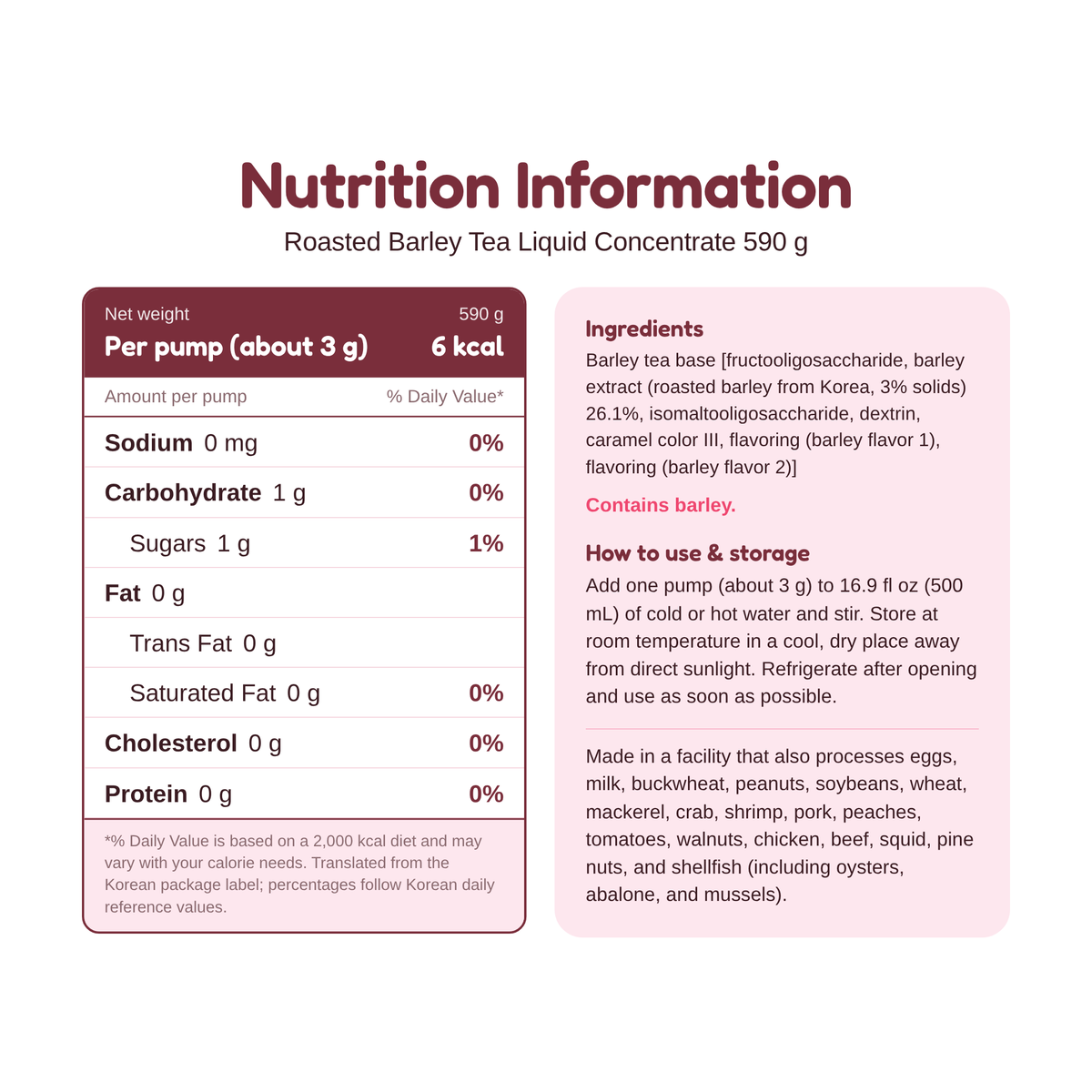 Jayeon Chaeum Roasted Barley Tea Liquid Concentrate 590 g nutrition information and ingredients, per 3 g pump