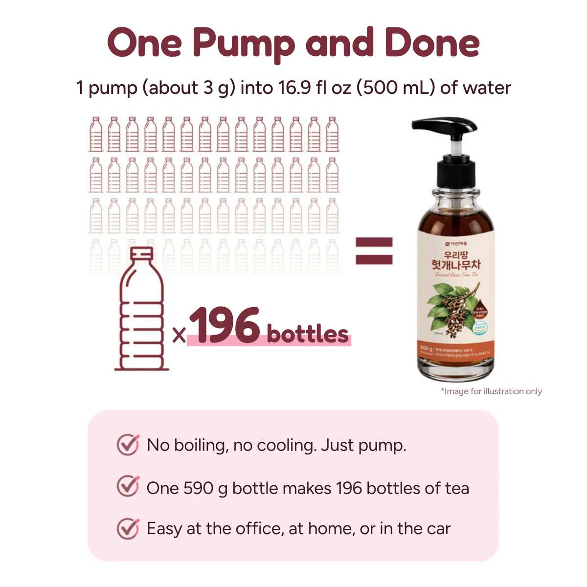 Jayeon Chaeum Oriental Raisin Tree Tea 590 g serving guide: 1 pump (about 3 g) in 16.9 fl oz (500 mL) of water, about 196 bottles of tea per bottle
