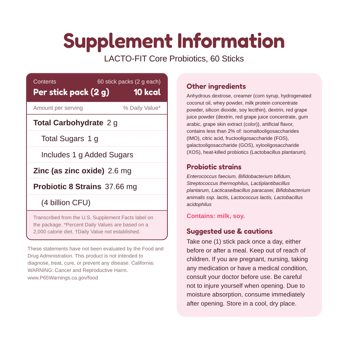 LACTO-FIT Core Probiotics 60 sticks supplement information, other ingredients and suggested use, per 2 g stick