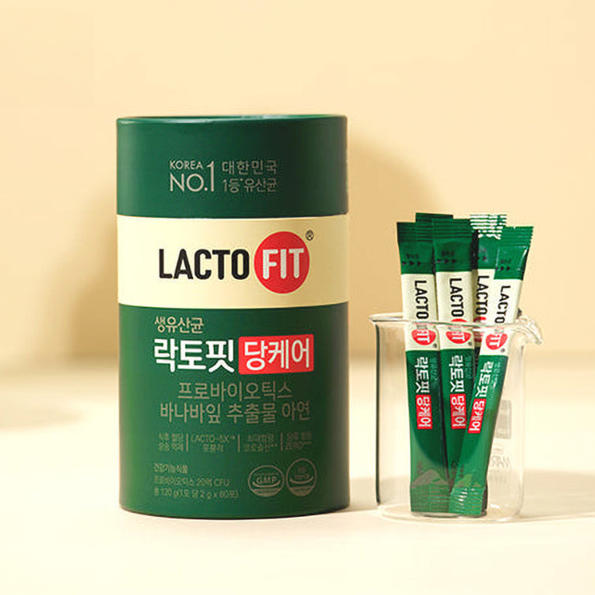 LACTO-FIT Probiotics Glucose Care canister with stick packets