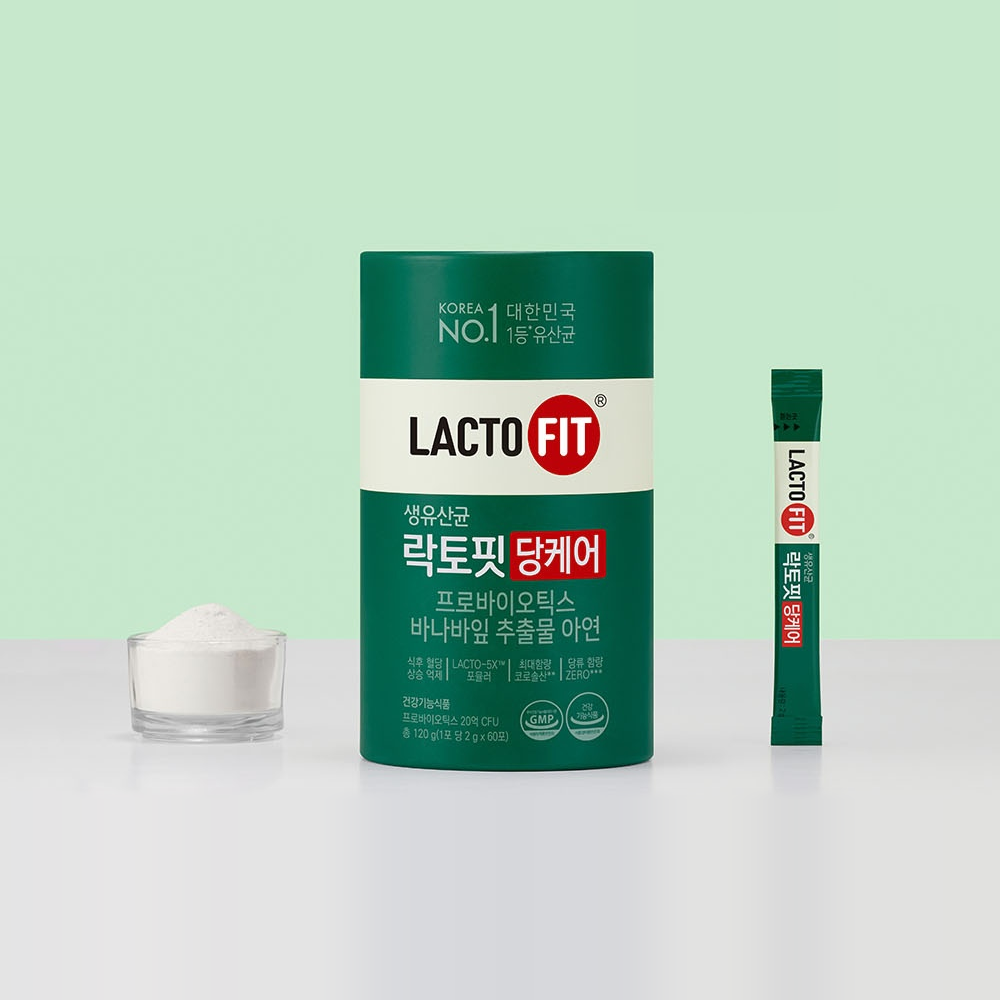 LACTO-FIT Probiotics Glucose Care canister with stick packet, official styled image