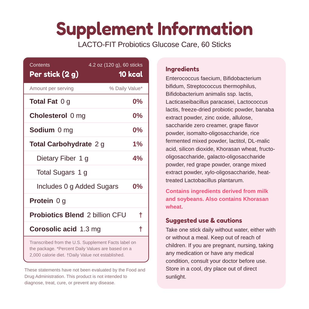LACTO-FIT Probiotics Glucose Care 60 sticks supplement information, ingredients and suggested use, per 2 g stick
