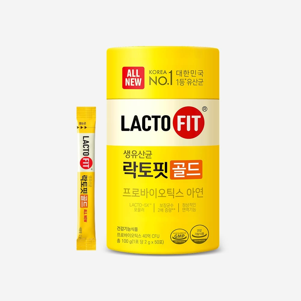 LACTO-FIT Gold Probiotics canister and stick packet