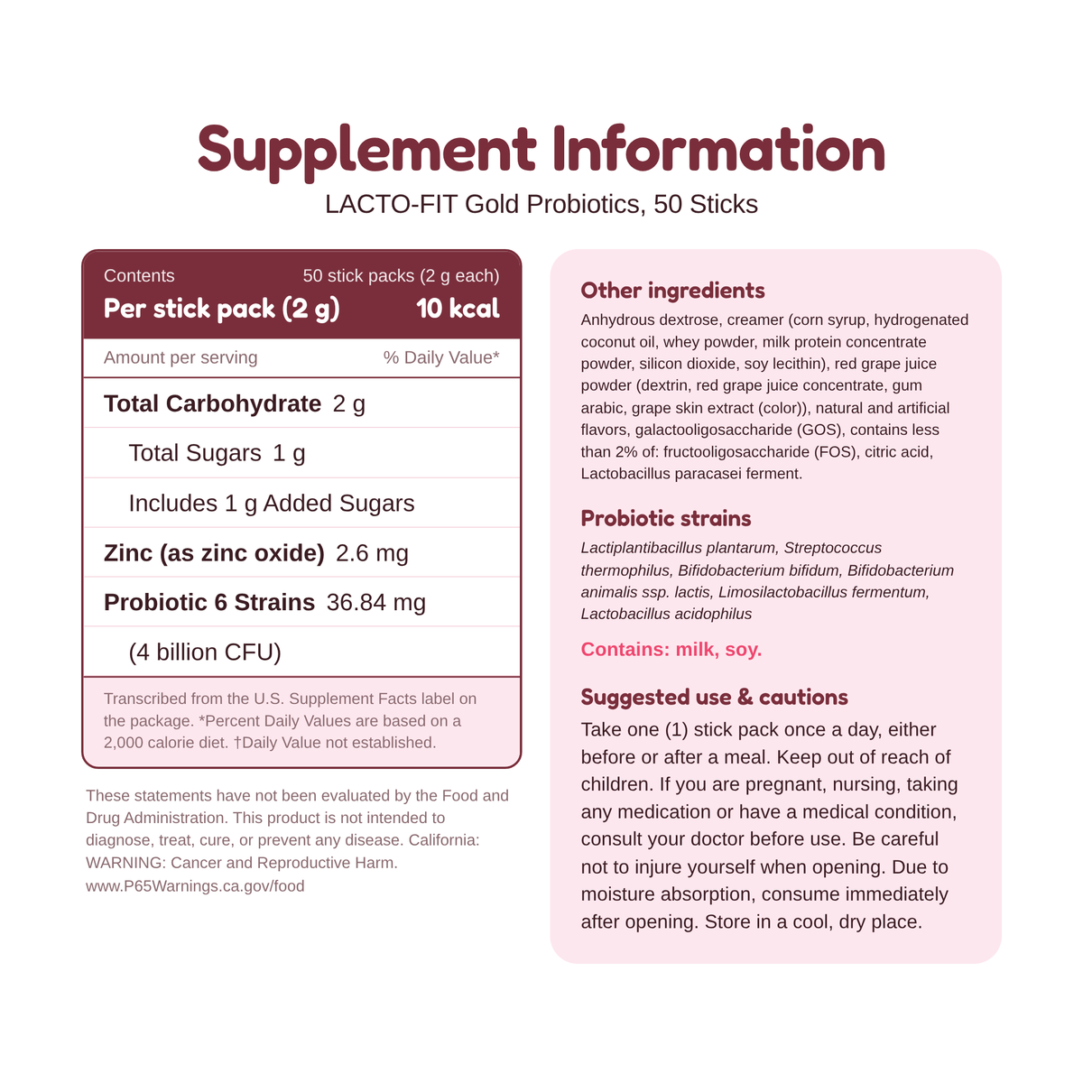 LACTO-FIT Gold Probiotics 50 sticks supplement information, other ingredients and suggested use, per 2 g stick