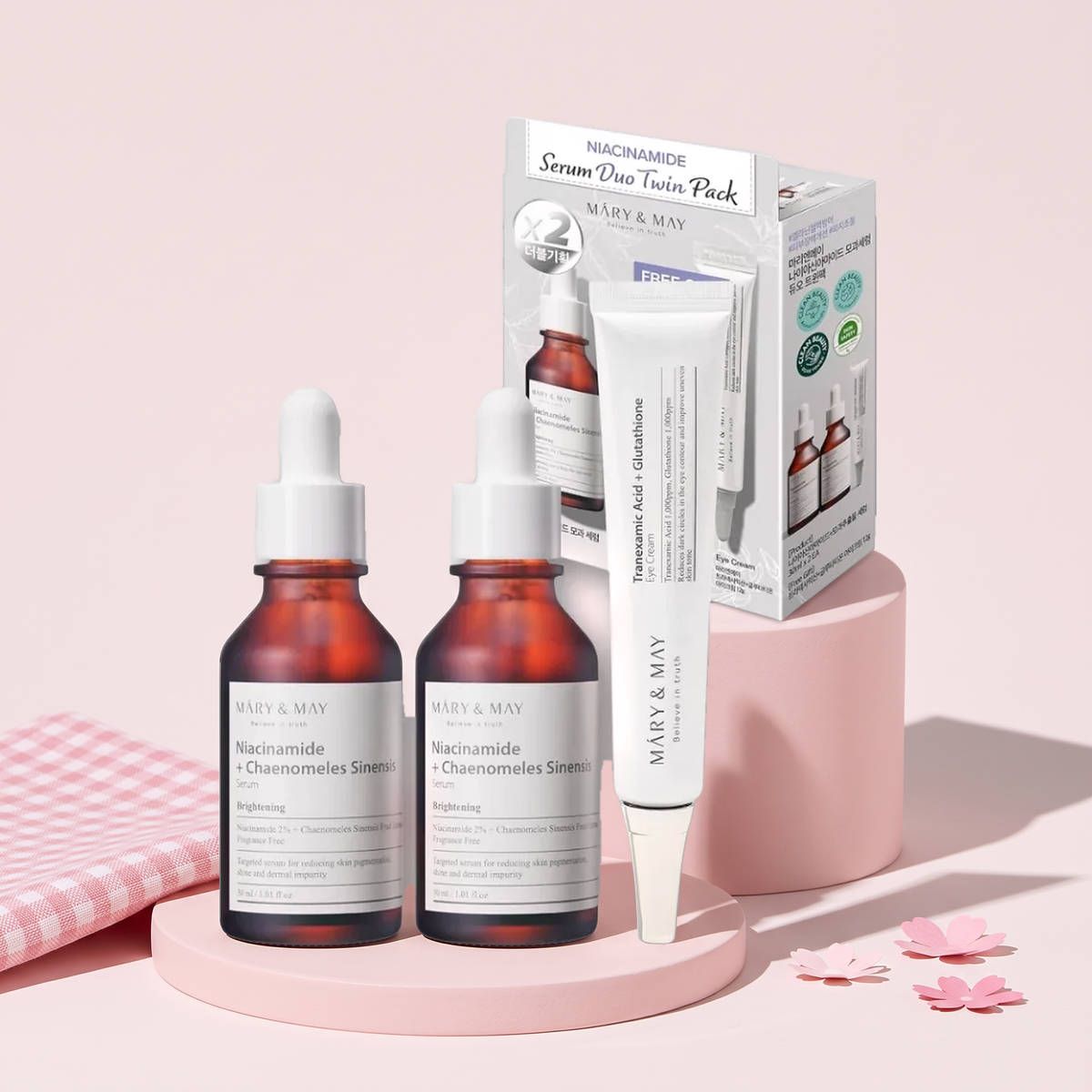 Mary&May Vegan Serum Duo + Eye Cream 3-Piece Set, styled key visual