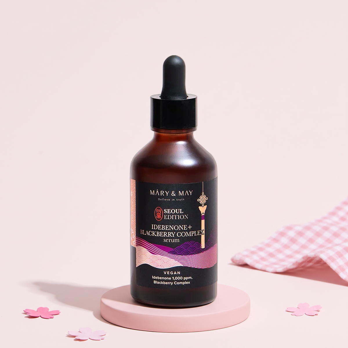Mary&May Idebenone + Blackberry Complex Serum 2.7 fl oz (80 ml), styled key visual