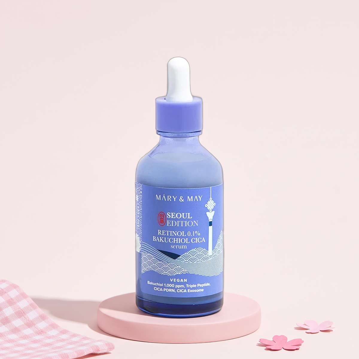 Mary&May Vegan Retinol 0.1% Bakuchiol Cica Serum 2.7 fl oz (80 ml), styled key visual