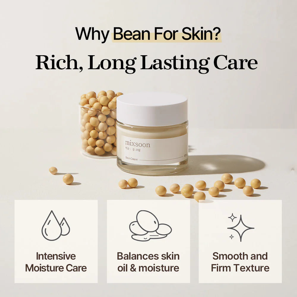 mixsoon Bean Cream benefits graphic with soybeans