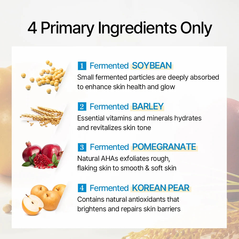 mixsoon Bean Essence ingredient graphic: fermented soybean, barley, pomegranate and Korean pear