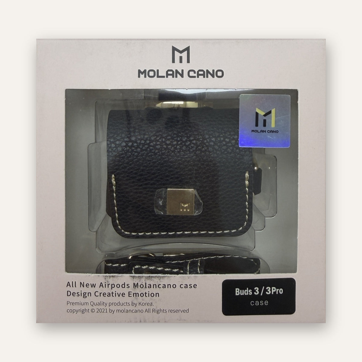 Molan Cano Togo Ring leather case for Galaxy Buds 3 in black, in its retail box