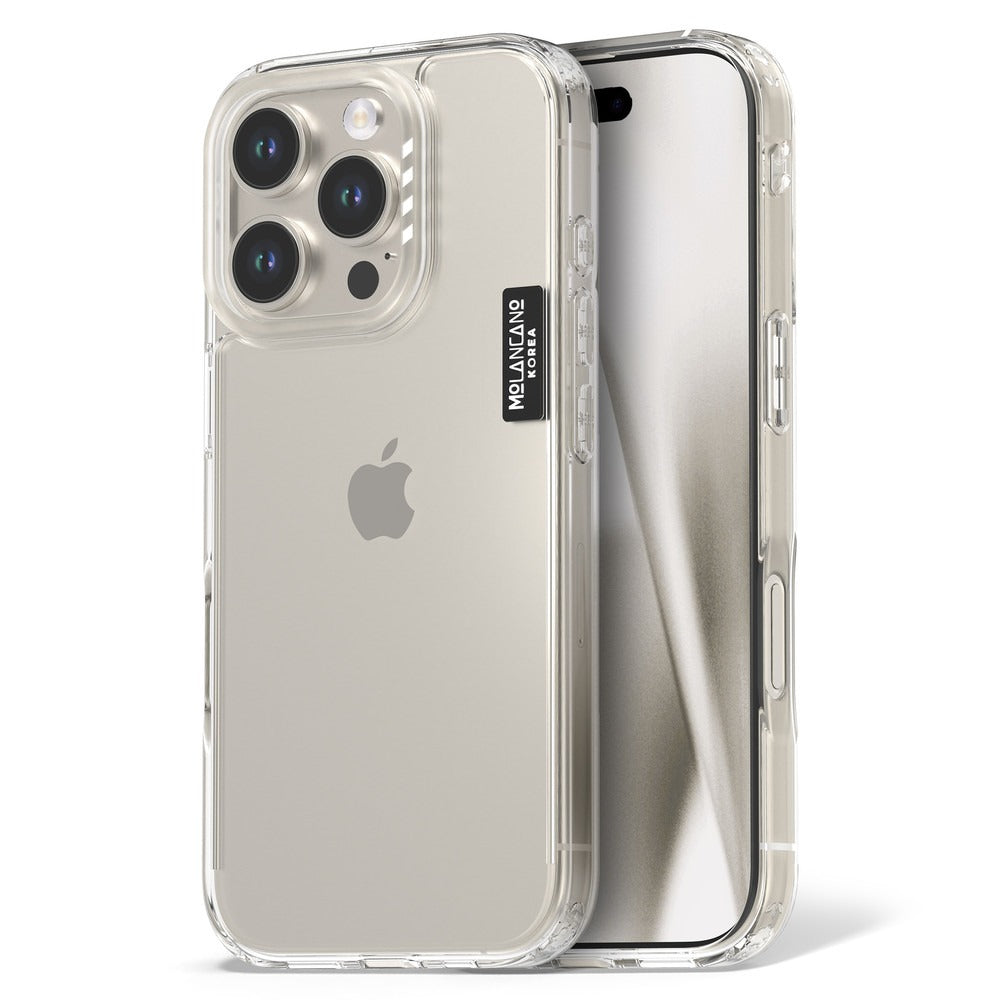 Molan Cano Crystal clear case on an iPhone, front and back