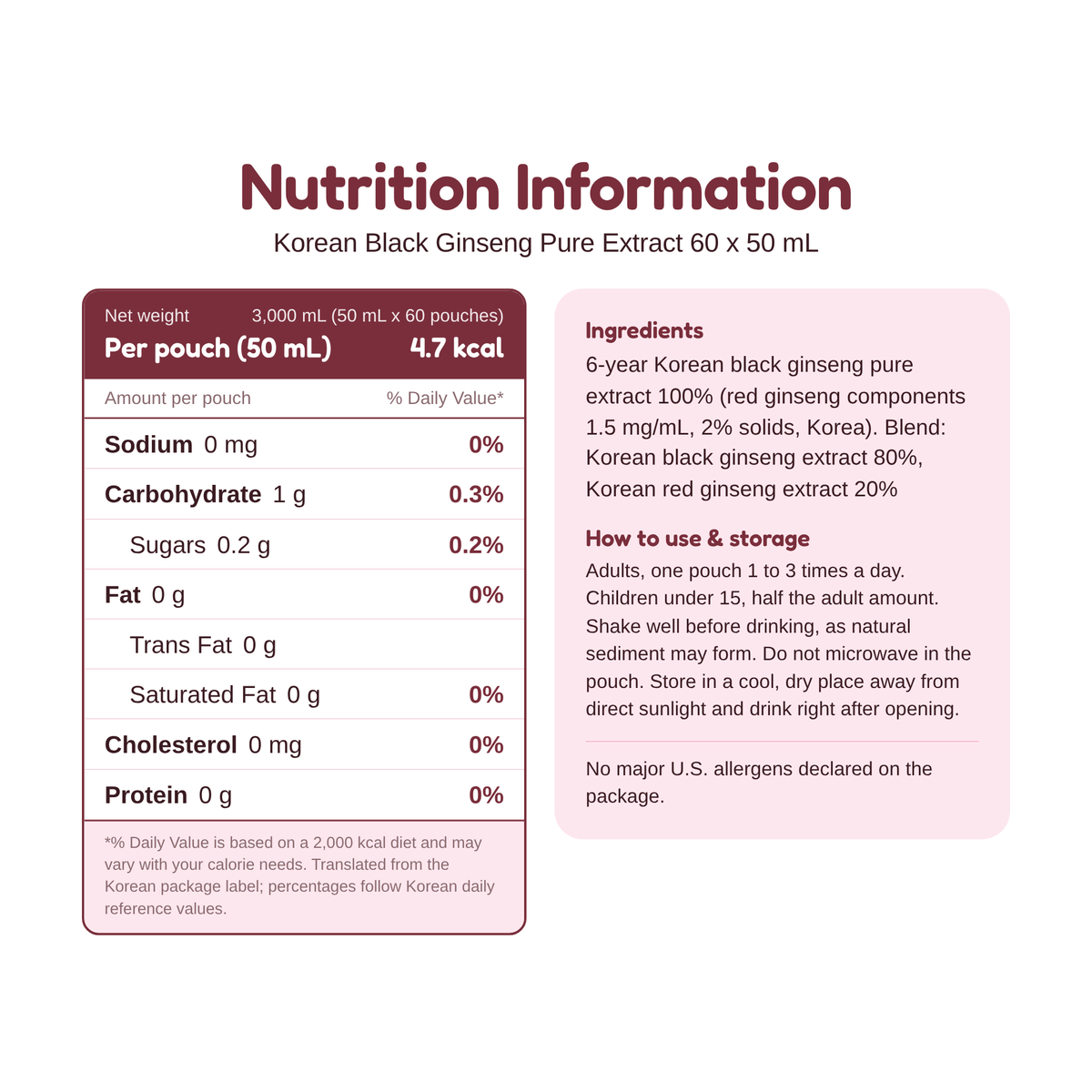 Korean Black Ginseng Pure Extract 60 x 50 mL nutrition information and ingredients, per 50 mL pouch