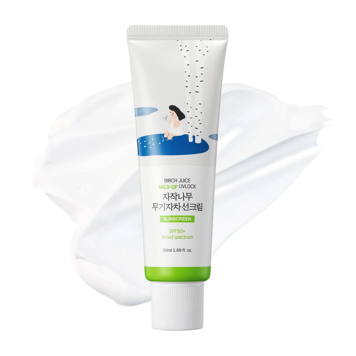 Round Lab Birch Juice Mild Up mineral sunscreen tube with cream swatch