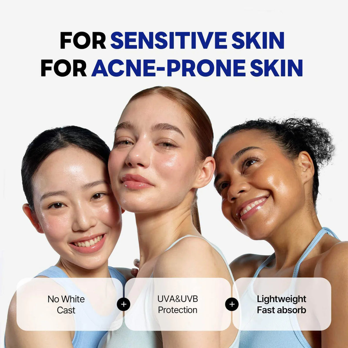 Birch Juice sunscreen graphic for sensitive and acne-prone skin, three models
