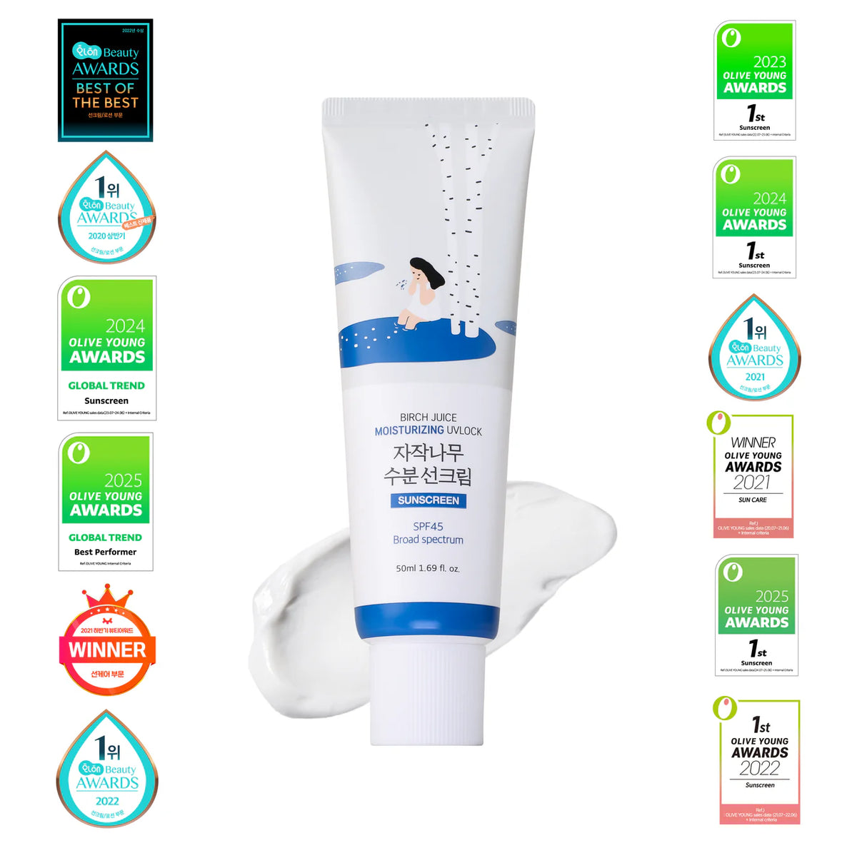 Round Lab Birch Juice Moisturizing Sunscreen with award badges