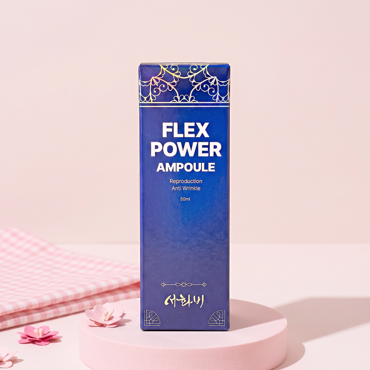 SEOHWABI Flex Power Ampoule 1.7 fl oz (50 ml) box on a pink plinth