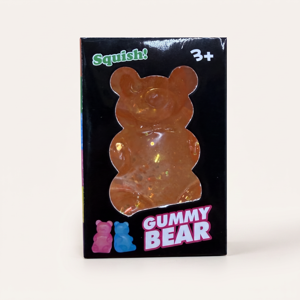 Gummy Bear Squish squishy toy, box front with orange bear