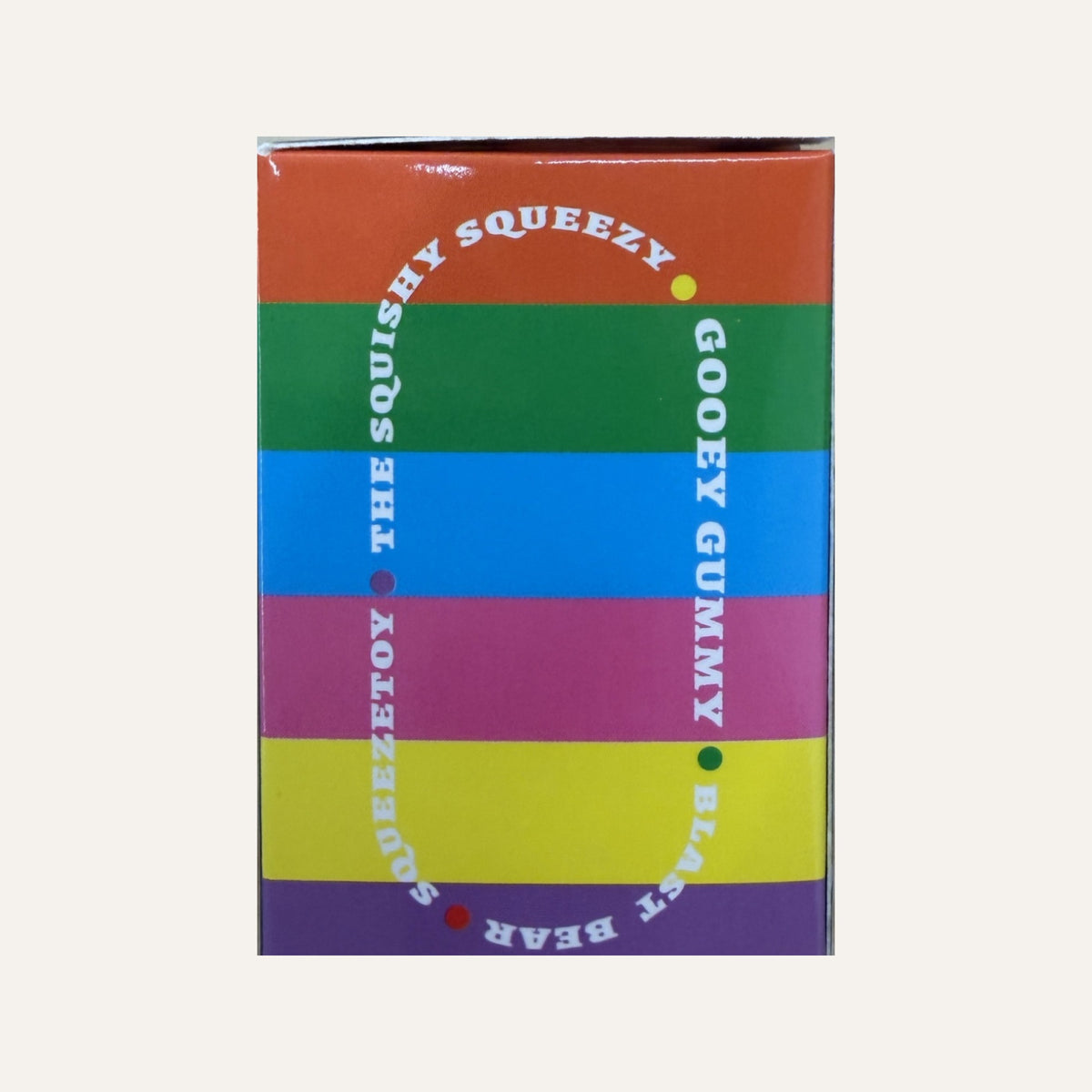 Gummy Bear Squish box side, rainbow stripes