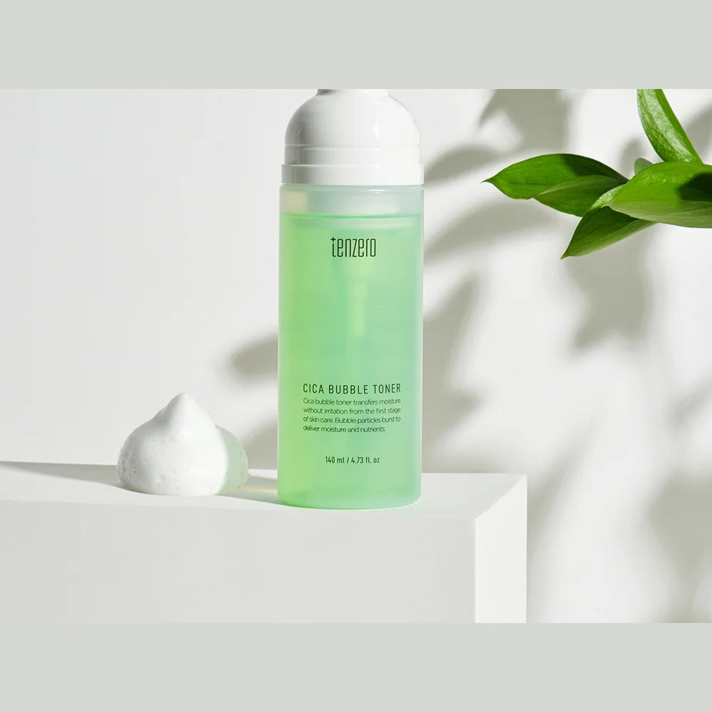 tenzero Cica Bubble Toner 140ml with foam and leaves
