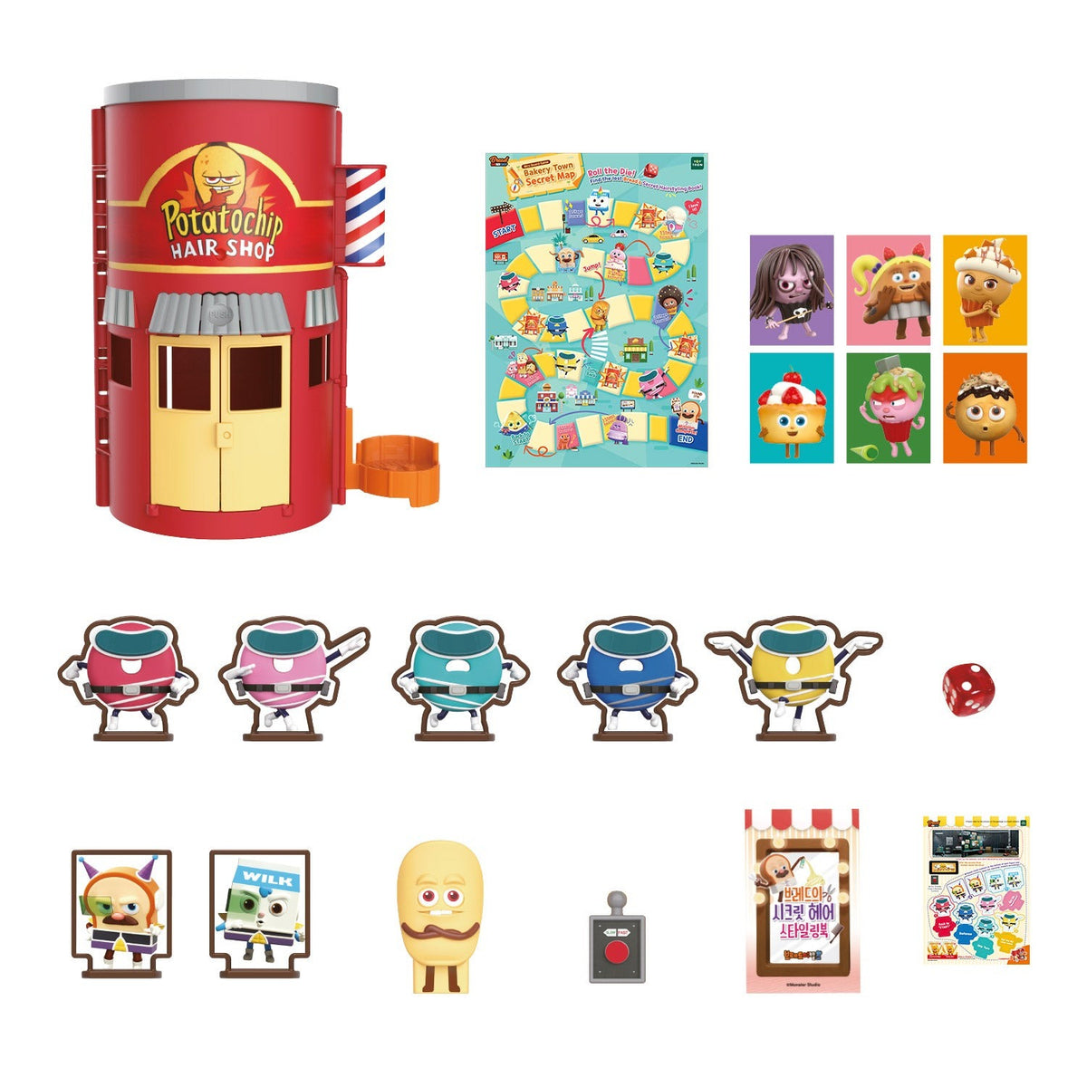 Everything in the box: playhouse, figures, map, dice, stickers and cards