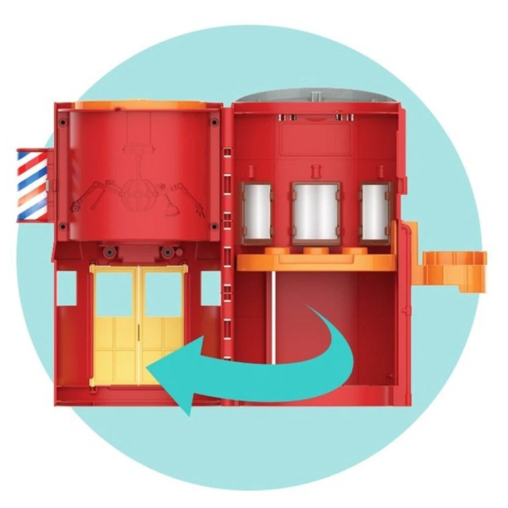The playset swinging open to show the elevator and basement workshop