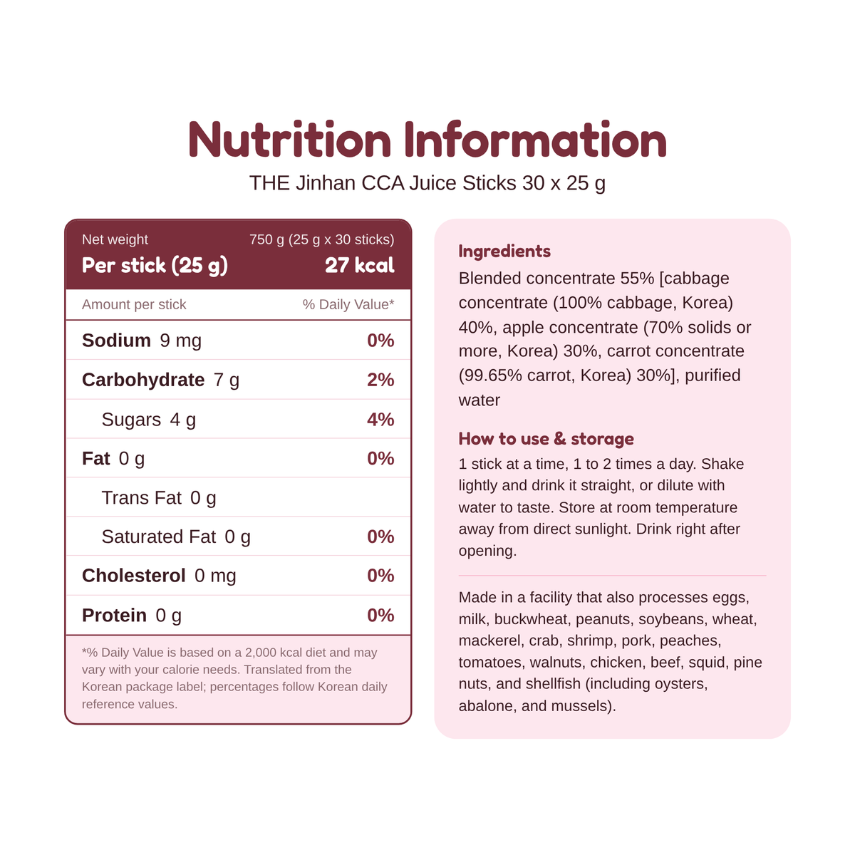 Very Good Food THE Jinhan CCA Juice Sticks 30 x 25 g nutrition information and ingredients, per 25 g stick