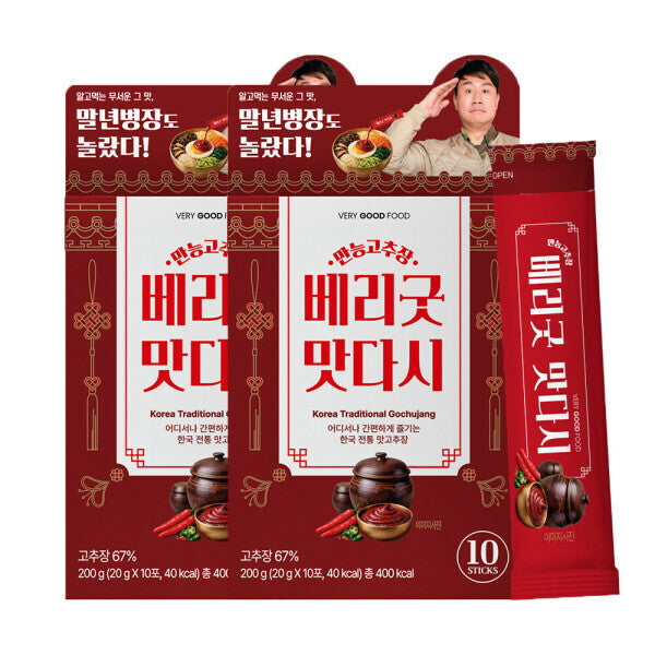 Very Good Food Matdasi Gochujang Sauce Sticks Original 10 x 20 g, two boxes and a stick