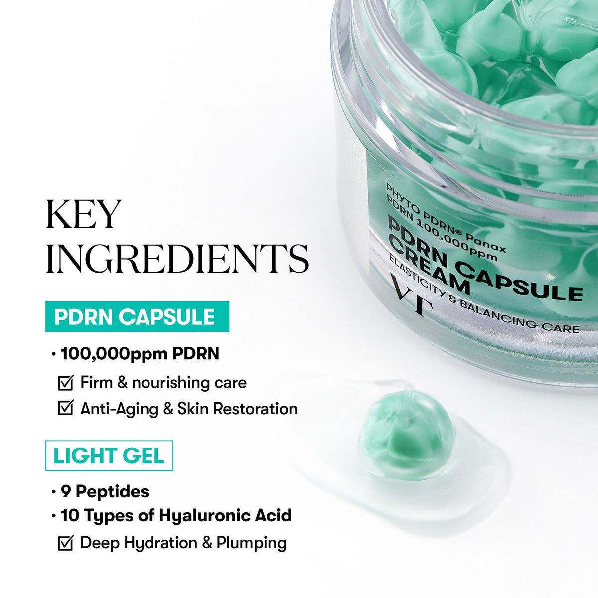 VT Cosmetics PDRN Capsule Cream 100 1.69 fl oz (50 ml) — brand ingredient overview graphic for the capsule cream